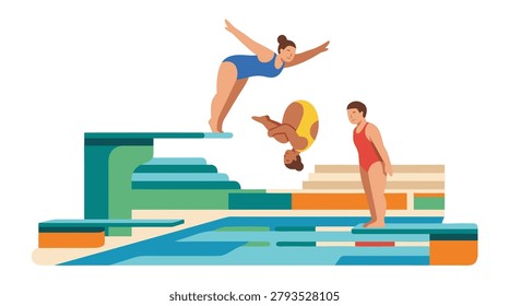 Three athletes in colorful swimsuits execute synchronized dives, showcasing athleticism and grace in a competitive aquatic sport.