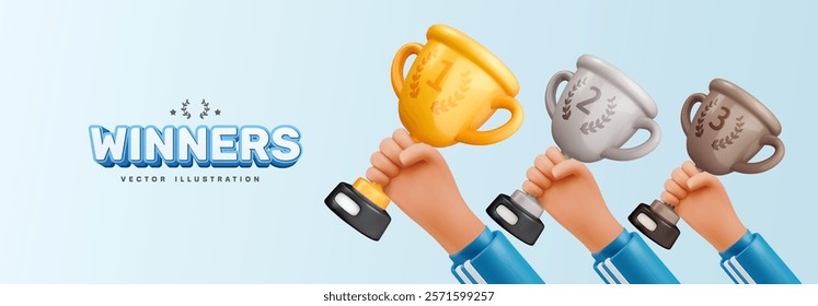 Three athletes hands holding gold, silver, and bronze cups. Set of sportsman winners arms with goblets on light background. Symbol of success, victory, recognition. 3d cartoon vector illustration.