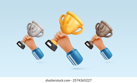 Three athletes hands holding gold, silver, and bronze cups. Set of sportsman winners arms with goblets on light background. Symbol of success, victory, recognition. 3d cartoon vector design elements.