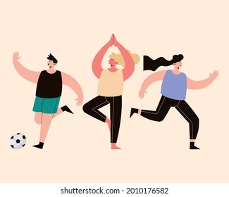three athletes practicing sports characters