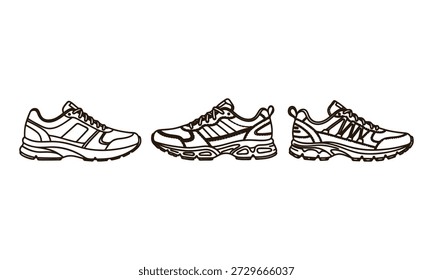 Three athletic sneakers in a row side view illustration