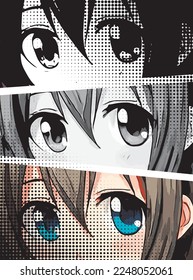 Three attractive anime girl’s big eyes. T-shirt print. 