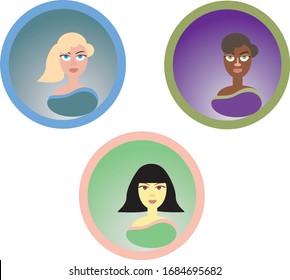 Three attractive and confident women: white, Asian and black in the circle. Vector logo