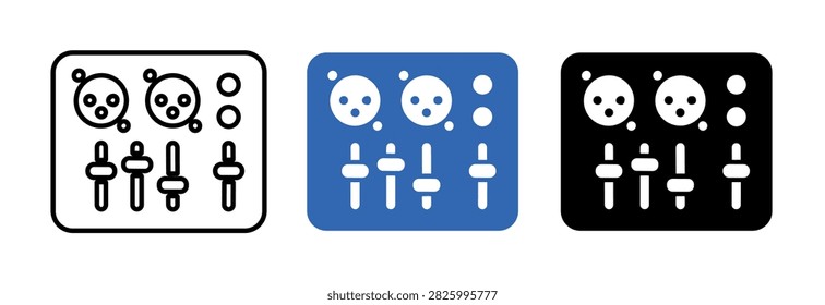 Three audio mixer control panel icons with faders and XLR inputs, presented in outline, solid blue, and solid black styles