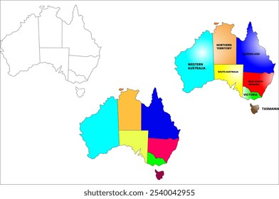 Tres estilos de mapas australianos con provincias especificadas