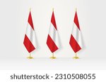 Three Austria flags in a row on a golden stand, illustration of press conference and other meetings. Vector illustration.