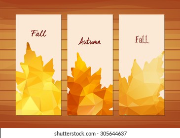Three autumn banners with maple leaf in triangular style