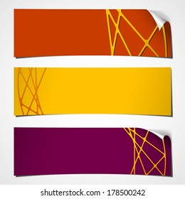 three autumn colored banners with curled corner and abstract geometric decoration