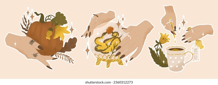 Three autumn compositions with female hands. Occult practices, divination, Halloween celebration. Vector illustration isolated on white background.
