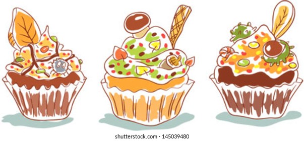 Three autumn decorated cupcakes