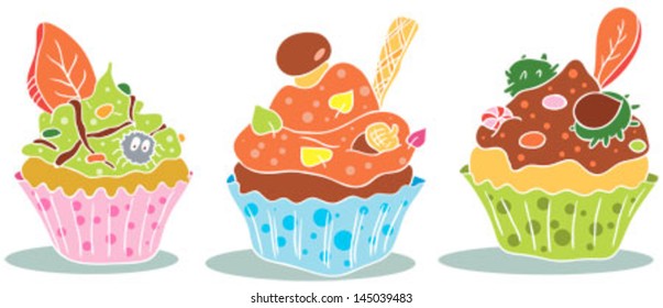 Three autumn decorated cupcakes