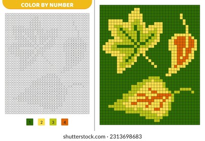 Three autumn fallen leaves. Color by number. Pixel coloring book. Numbered squares. Game for kids. Pixel art. Isolated vector illustration eps 10