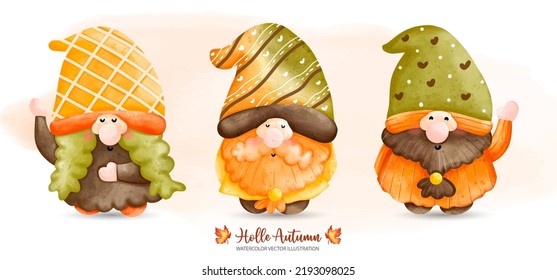 Three Autumn Gnome, Fairy tale Gnome, Autumn or Fall Animal decor, Watercolor illustration
