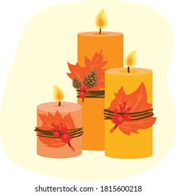Three autumn handmade candles with maple leaves, pitch pine tree cones and berries flat vector cartoon illustration.Cozy hygge style. Warm autumn mood.Cute flat cartoon vector illustration.Fall vibes.