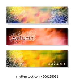 Three autumn horizontal banner with geometric shapes and hand made pattern.