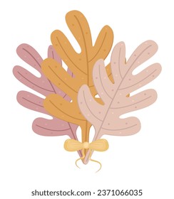 Three autumn leaves of acorn, fall foliage bouquet of oak, color vector atmospheric illustration in boho style