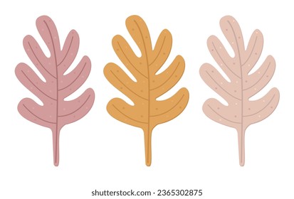 Three autumn leaves, fall foliage, color vector illustration set in boho style