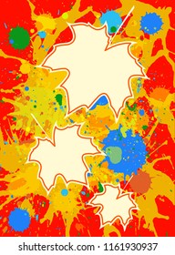Three autumn maple leaves over bright orange artistic paint background, blank frames with room for text, vertical format.