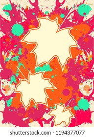 Three Autumn maple leaves over bright orange artistic paint background, blank frames with room for your text, vertical format.