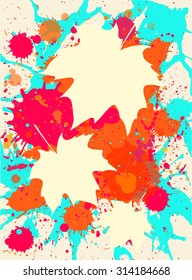 Three Autumn maple leaves over bright orange artistic paint background, blank frames with room for your text, vertical format.