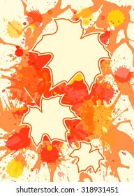 Three autumn maple leaves over bright orange artistic paint background, blank frames with room for text, vertical format.