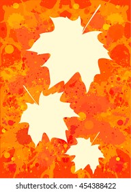 Three autumn maple leaves over bright orange artistic paint background, blank frames with room for text, vertical format.