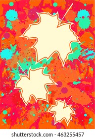 Three Autumn maple leaves over bright orange artistic paint background, blank frames with room for your text, vertical format.
