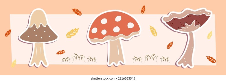 Three autumn mushrooms on a colored background with grass and falling leaves.