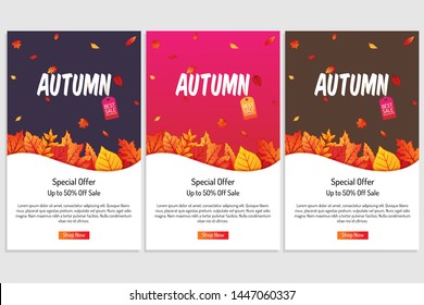 Three Autumn Poster for Shopping Sale or Promo With Colorful Autumn Leaves Background