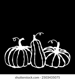 Three autumn pumpkins in black and white design on a minimal background