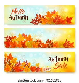 Three Autumn Sale Banners With Colorful Leaves. Layered Vector