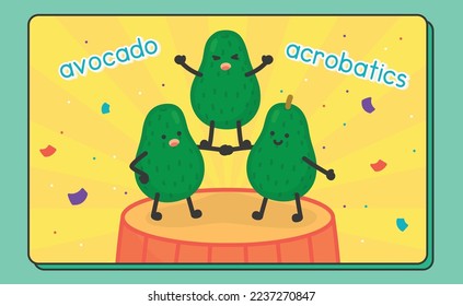 three avocado do a pyramid of acrobats kawaii doodle flat cartoon vector illustration
