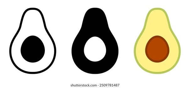 Three avocado icons showcasing different graphic styles: outline, solid silhouette, and colorful illustration with seed detail.