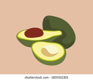 Three avocados on a peach-colored background. Vector graphics.