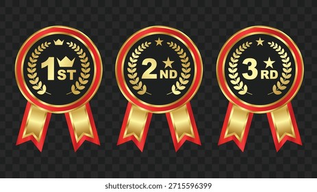Tres medallas de premio para el primer, segundo y tercer lugar, con coronas de laurel de oro y cintas rojas y doradas sobre un fondo transparente.