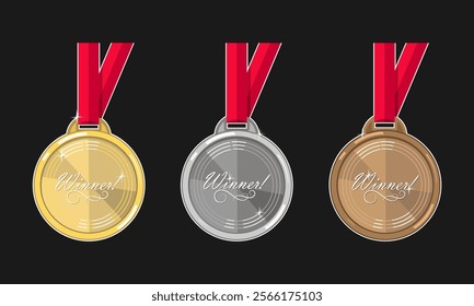 Three award medals - gold, silver and bronze. The inscription on each - Winner. Vector set