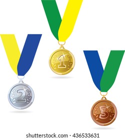 Three award medals. Gold, silver, bronze medals vector illustration. 