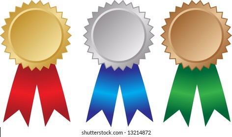 Three award ribbons. Gold, silver and bronze. Vector illustration