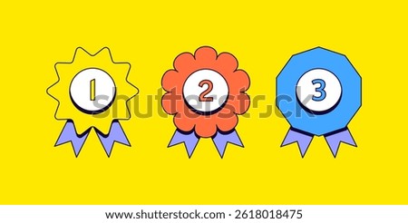 Three award ribbons representing 1st, 2nd, and 3rd place. Each ribbon is uniquely shaped (starburst, flower, and octagon), brightly colored (yellow, red, and blue) cartoon vector illustration