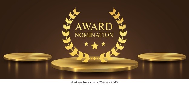 Three Award round podiums with laurel wreath on dark background. Vector golden symbol of victory, achievement, success, rewarding of winner. Vector illustration