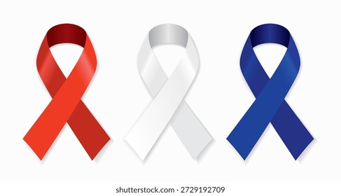 Three awareness ribbons red, white, blue symbolizing support, solidarity, and advocacy for various global health and social causes. Vector illustration.