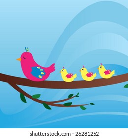 Three babies birds with their mother.