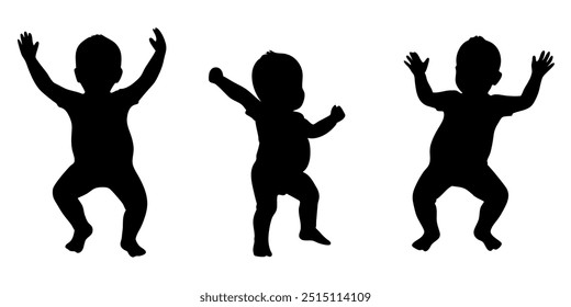 Three babies are shown in silhouette, one of which is holding its arms up. The babies are all standing and looking up, as if they are reaching for something. Concept of curiosity and playfulness