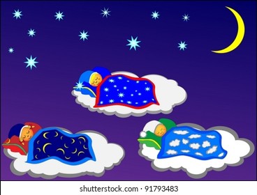 Three babies are sleeping in the night on the clouds