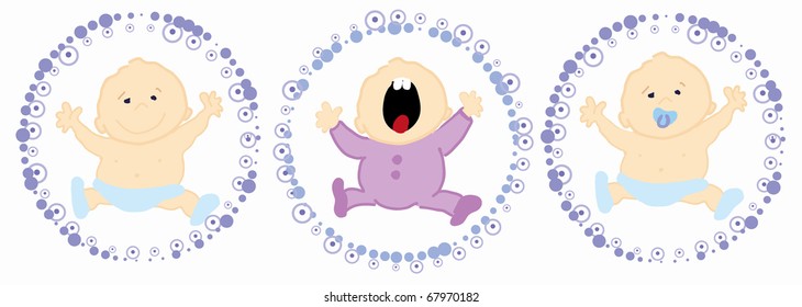 Three babies: smiling, crying and calm