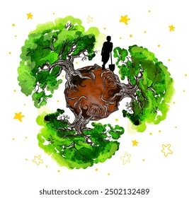 Three Baboabs on the Planet. The Little Prince. hand drawing. Not AI Vector illustration.