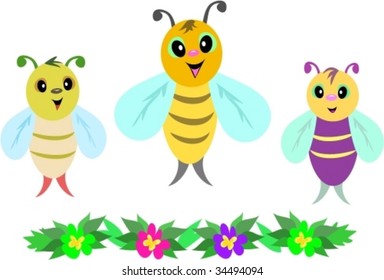Three Baby Bees and Row of Flowers Vector