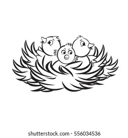 Three Baby Birds In Nest In Black Outline-vector Drawing