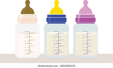 Tres biberones con pezones de diferentes colores y diferentes niveles de leche se muestran sobre un fondo blanco.