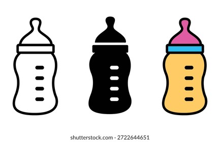 Three baby bottles in outline, solid black, and colored versions, representing feeding
